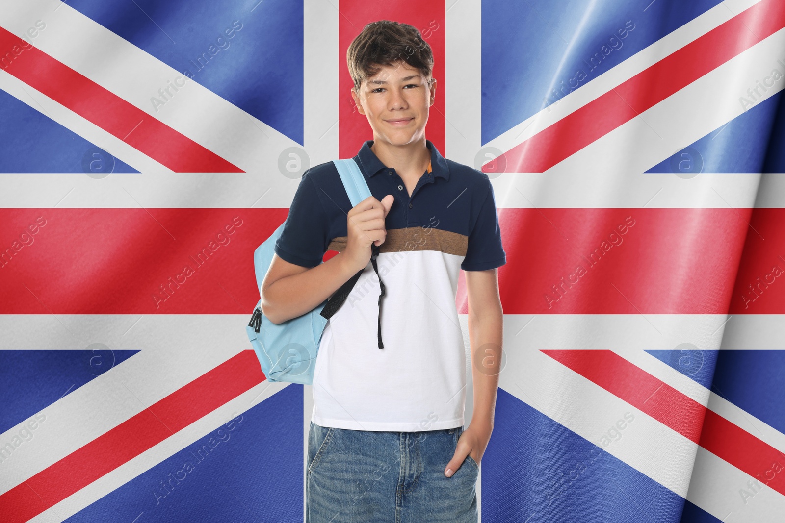 Image of Student with backpack against flag of United Kingdom. Language school