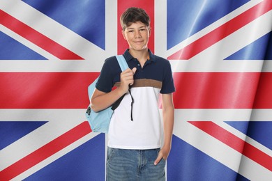 Image of Student with backpack against flag of United Kingdom. Language school
