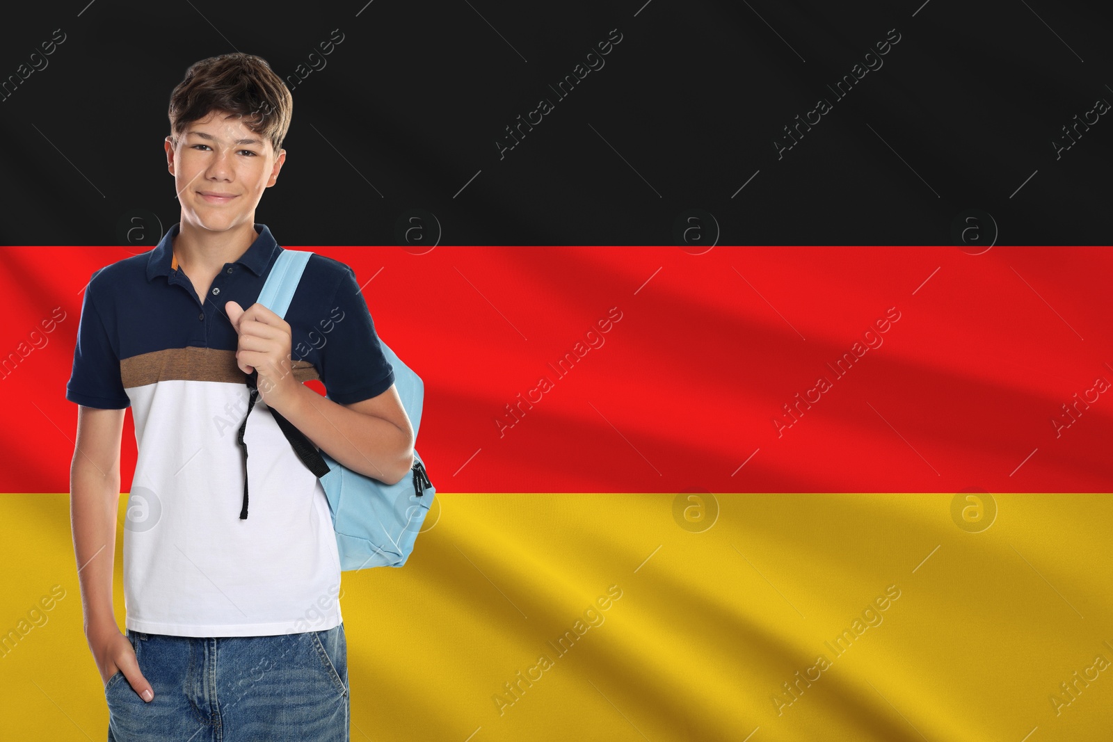 Image of Student with backpack against flag of Germany. Language school