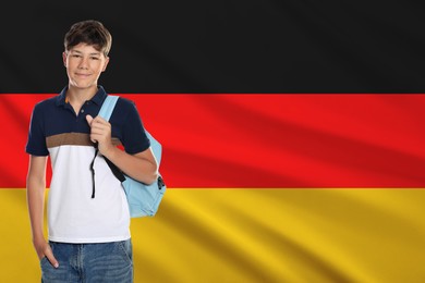 Image of Student with backpack against flag of Germany. Language school