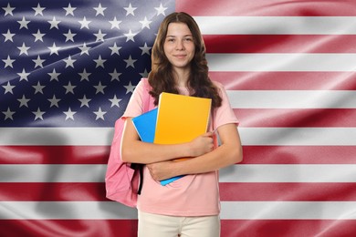Image of Student with notebooks and backpack against flag of USA. Language school