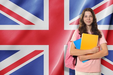 Image of Student with notebooks and backpack against flag of United Kingdom. Language school
