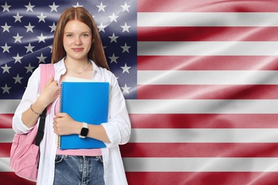 Image of Student with notebook and backpack against flag of USA. Language school