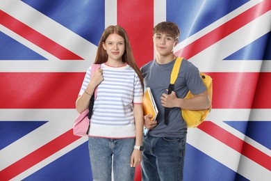 Image of Students with backpacks against flag of United Kingdom. Language school