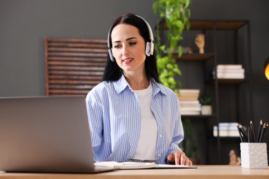 Photo of Woman passing online test via laptop at table indoors