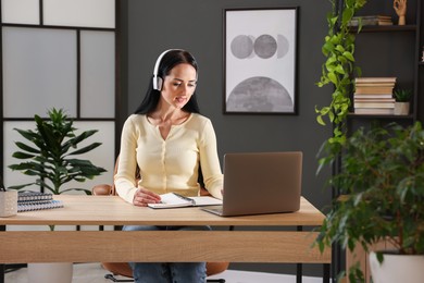 Photo of Woman passing online test via laptop at table indoors