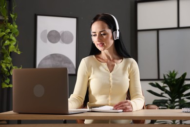 Photo of Woman passing online test via laptop at table indoors