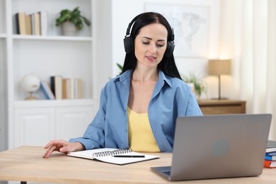 Photo of Woman in headphones passing online test on laptop at table indoors