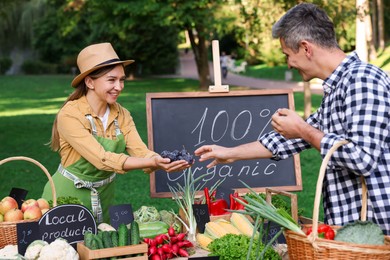 Photo of Man choosing fresh plums from stall with vegetables at farmer's market
