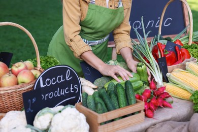 Photo of Farmer near stall with different fresh vegetables at market, closeup