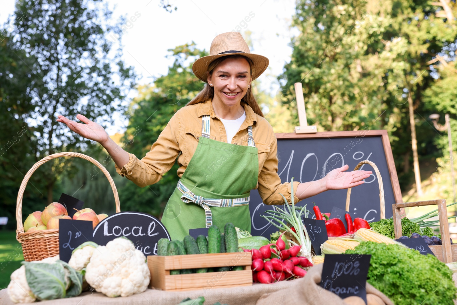 Photo of Happy farmer near stall with different fresh vegetables at market