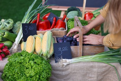 Photo of Farmer near stall with plums and different fresh vegetables at market, closeup