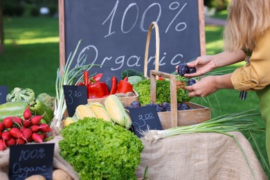 Photo of Farmer near stall with plums and different fresh vegetables at market, closeup