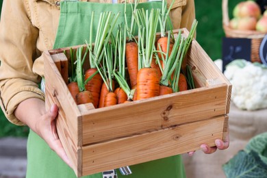 Photo of Farmer with crate of carrots near stall with different fresh vegetables at market, closeup