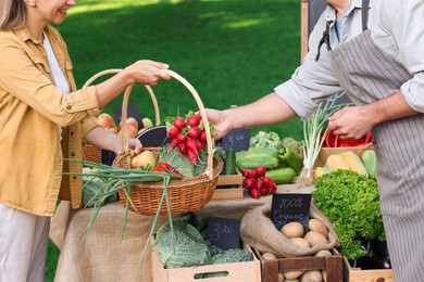 Photo of Woman choosing fresh vegetables from stall at farmer's market, closeup