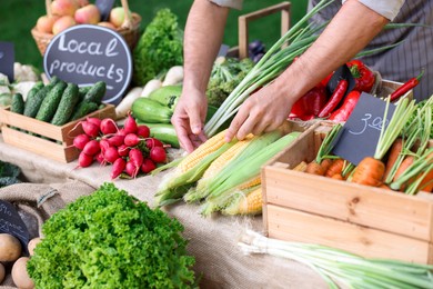Photo of Farmer near stall with different fresh vegetables at market, closeup