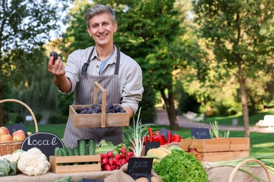 Photo of Happy farmer with basket of plums near stall with different fresh vegetables at market