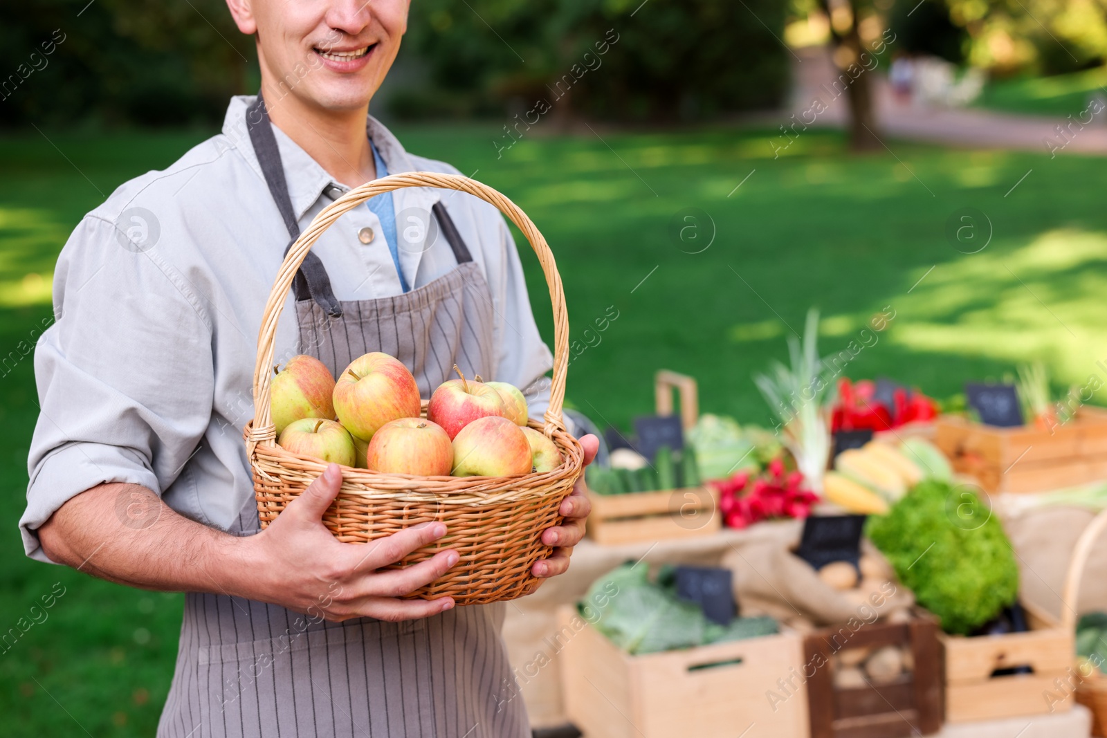 Photo of Farmer with apples in wicker basket near stall market, closeup