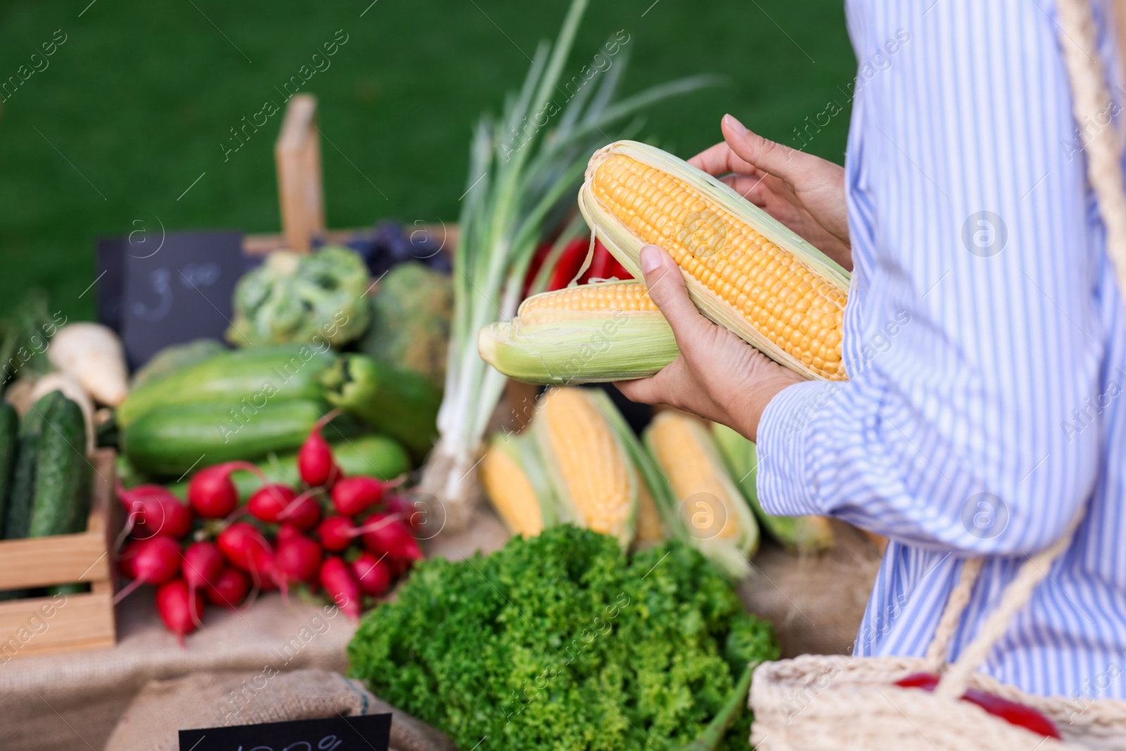 Photo of Woman choosing fresh vegetables from stall at farmer's market, closeup
