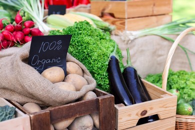 Photo of Many different vegetables on stall at farmer's market, closeup