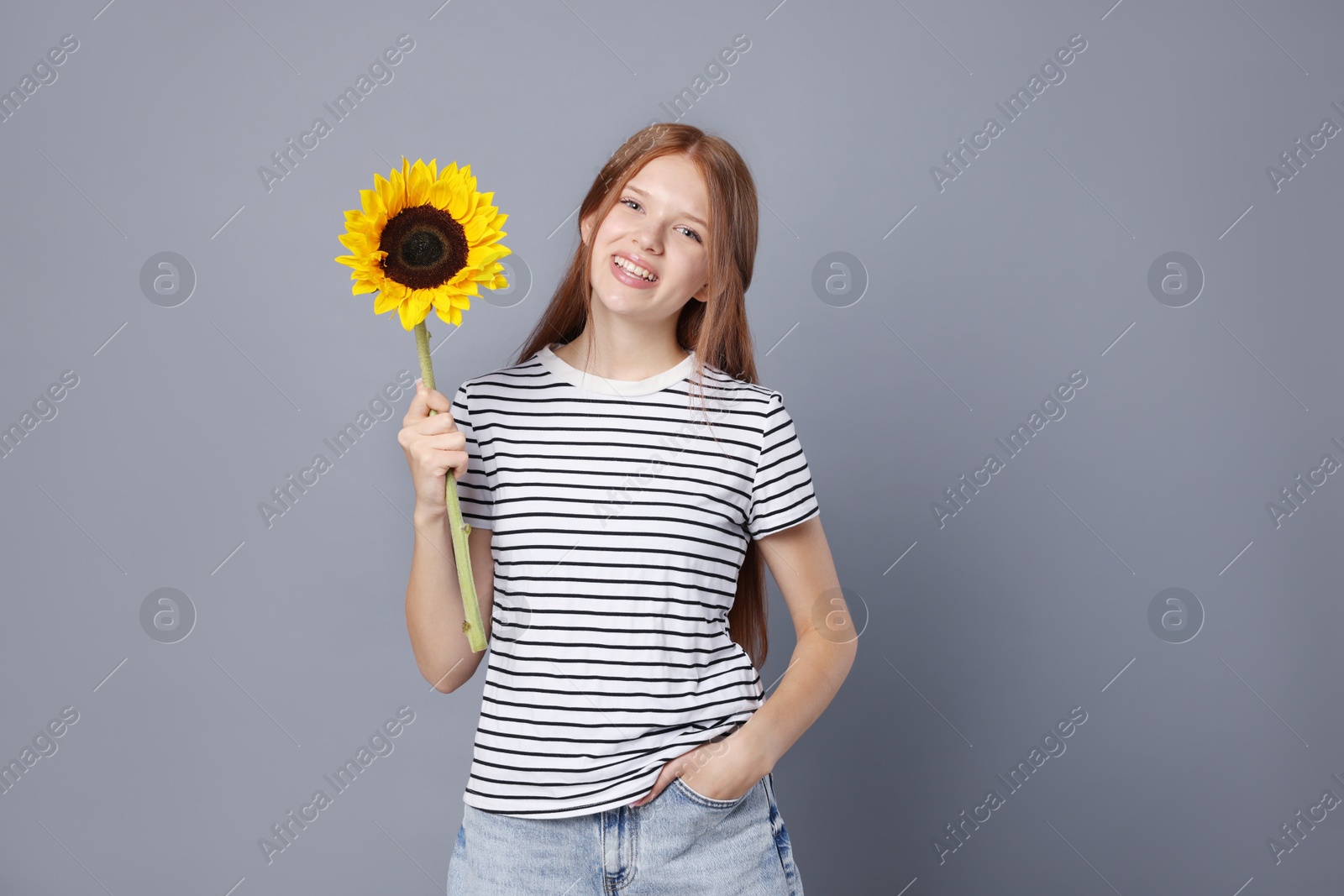 Photo of Teenage girl with beautiful sunflower on grey background