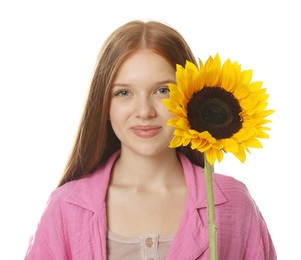Photo of Teenage girl with beautiful sunflower on white background