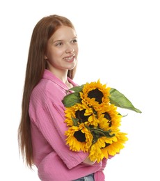 Photo of Teenage girl with bouquet of beautiful sunflowers on white background