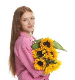 Photo of Teenage girl with bouquet of beautiful sunflowers on white background