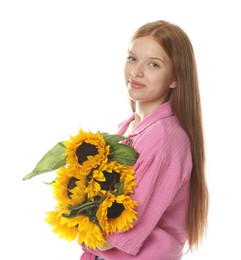 Photo of Teenage girl with bouquet of beautiful sunflowers on white background