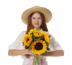 Photo of Teenage girl with bouquet of beautiful sunflowers on white background