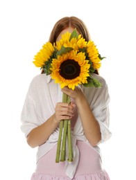 Photo of Teenage girl with bouquet of beautiful sunflowers on white background