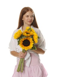 Photo of Teenage girl with bouquet of beautiful sunflowers on white background