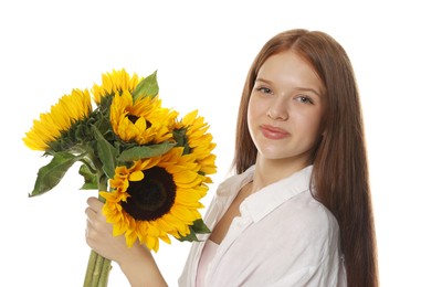Photo of Teenage girl with bouquet of beautiful sunflowers on white background