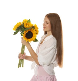 Photo of Teenage girl with bouquet of beautiful sunflowers on white background