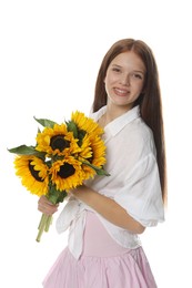 Photo of Teenage girl with bouquet of beautiful sunflowers on white background