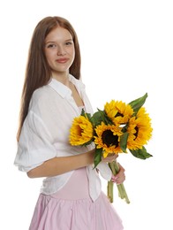 Photo of Teenage girl with bouquet of beautiful sunflowers on white background