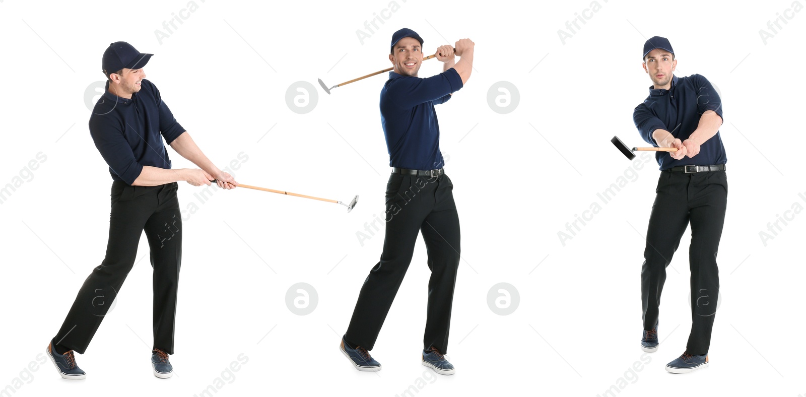 Image of Man with golf club on white background, collage