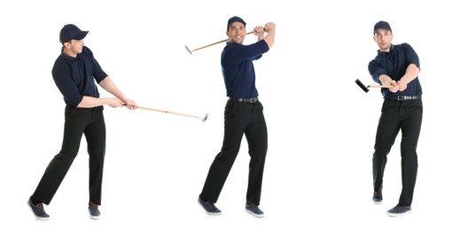 Image of Man with golf club on white background, collage