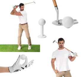 Image of Golf themed collage with player and equipment on white background