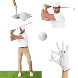Image of Golf themed collage with player and equipment on white background