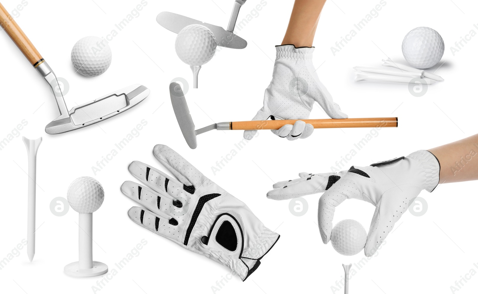Image of Golf club, ball, tee and glove isolated on white, set