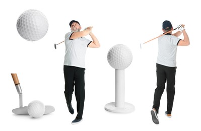Image of Golf themed collage with player and equipment on white background