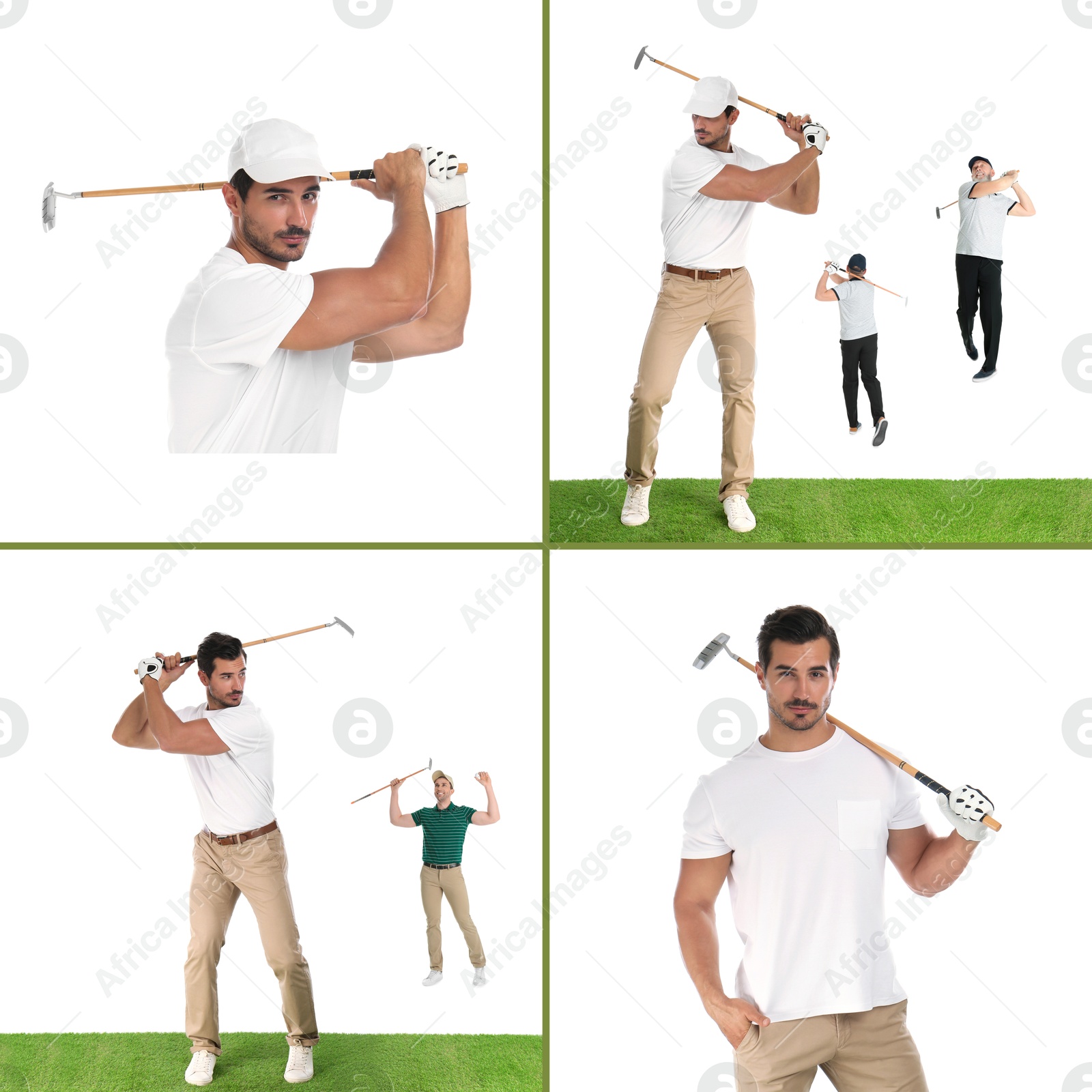 Image of Men with golf club on white background, collage