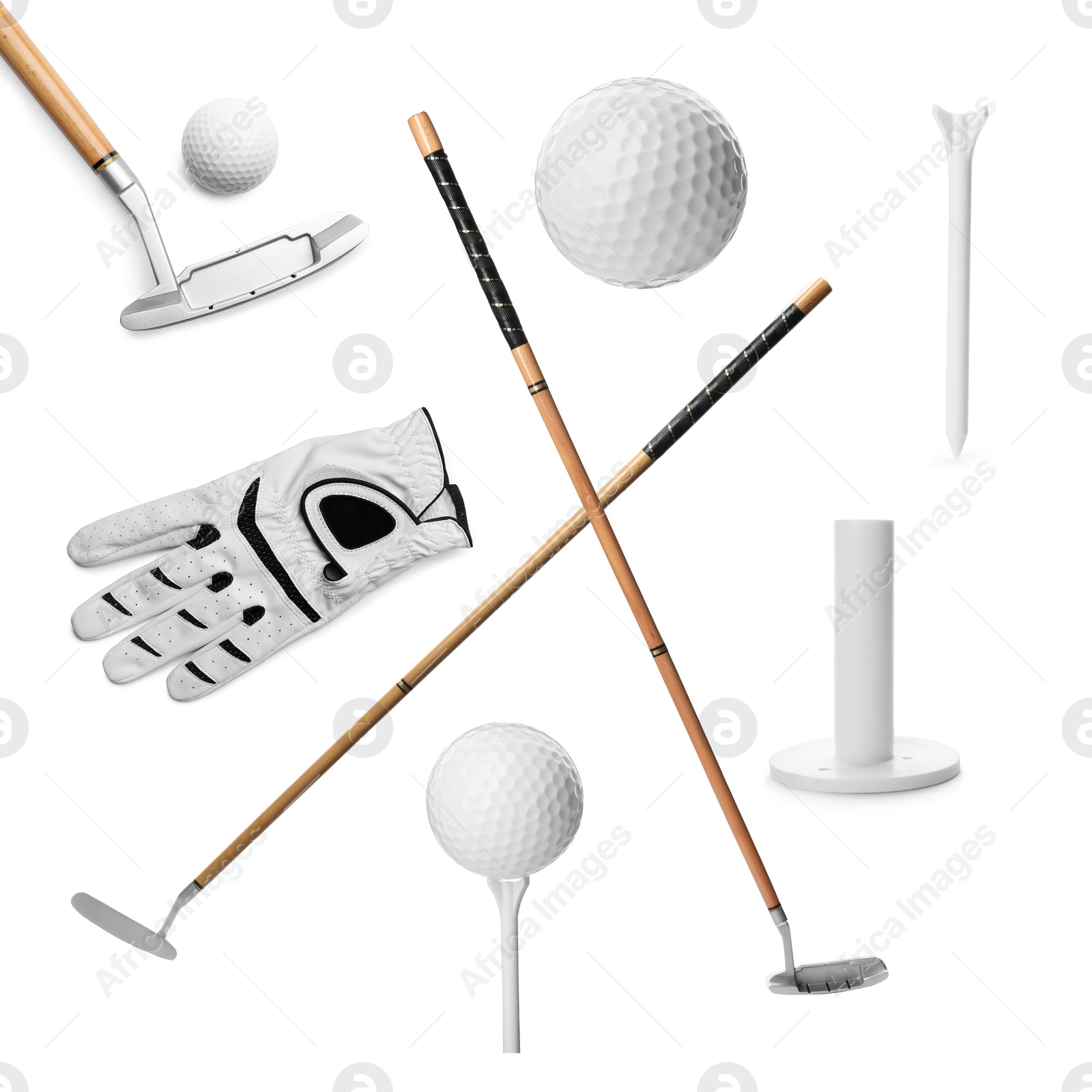 Image of Golf club, ball, tee and glove isolated on white, set