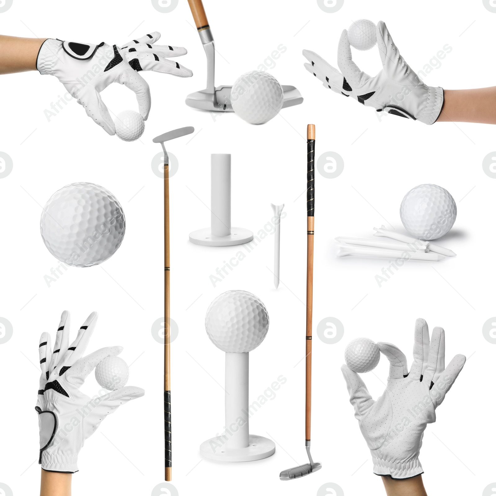Image of Golf club, ball, tee and player's hand in glove isolated on white, set