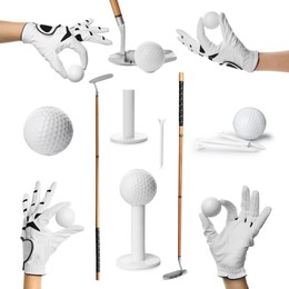 Image of Golf club, ball, tee and player's hand in glove isolated on white, set