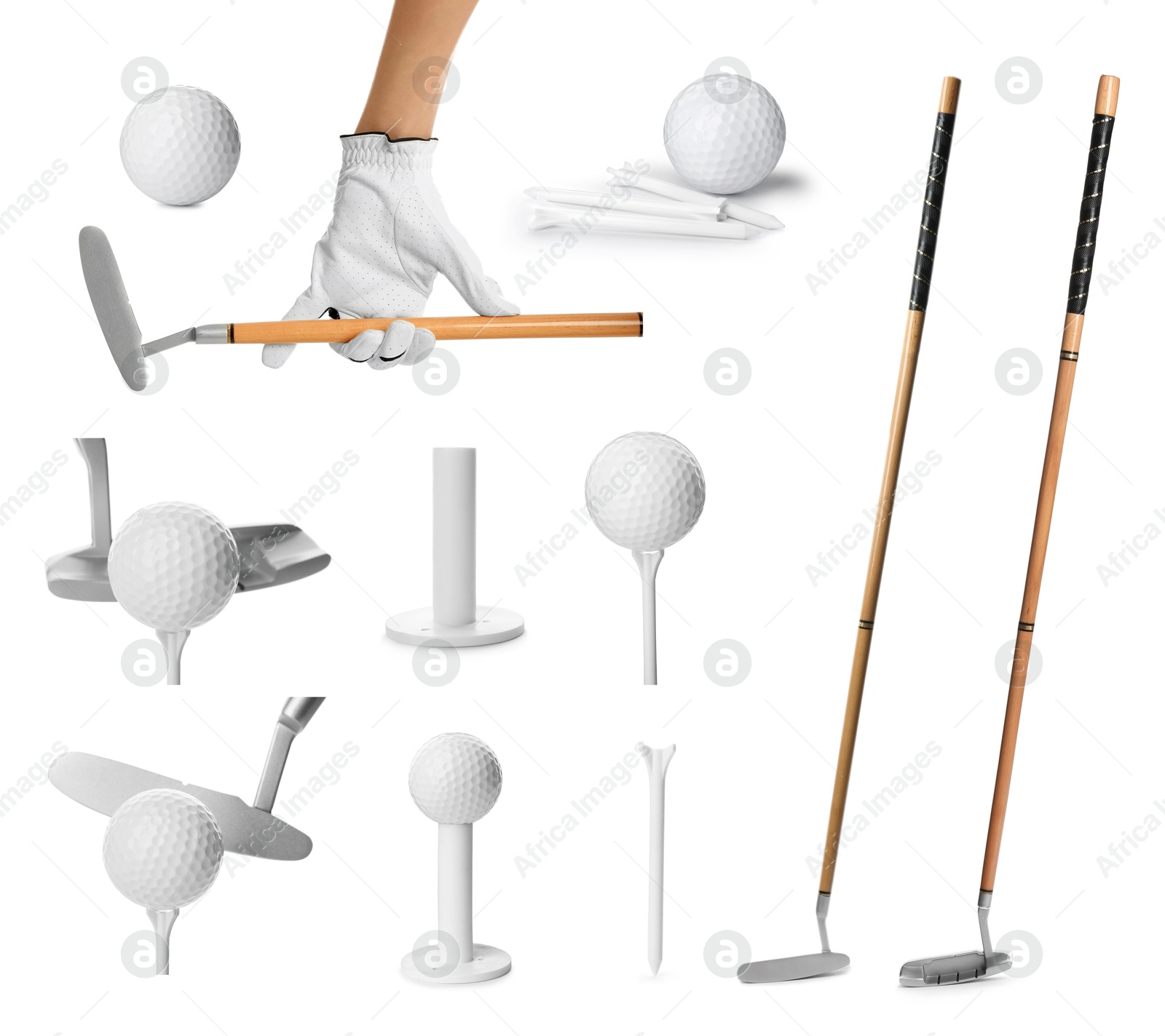Image of Golf club, ball, tee and player's hand in glove isolated on white, set