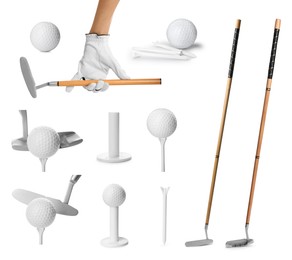 Image of Golf club, ball, tee and player's hand in glove isolated on white, set