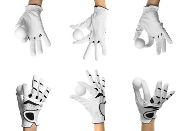 Image of Golf player in glove holding ball on white background, set
