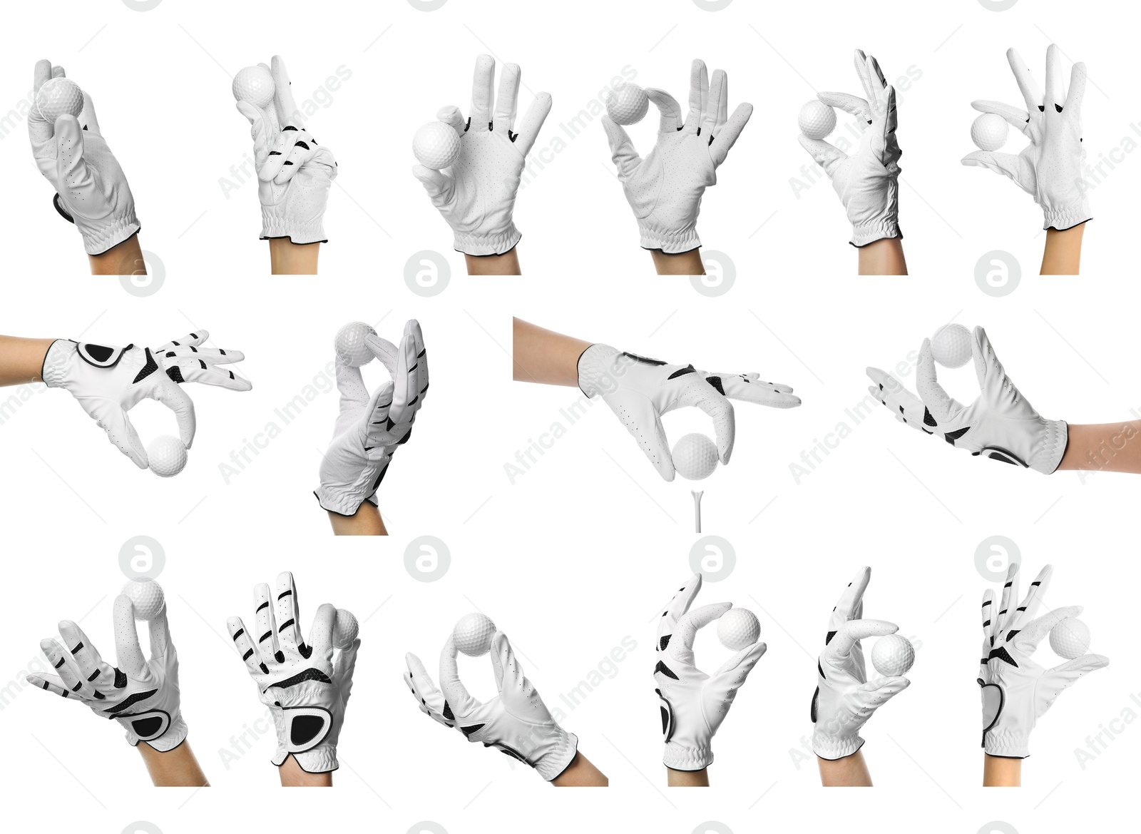 Image of Golf player in glove holding ball on white background, set
